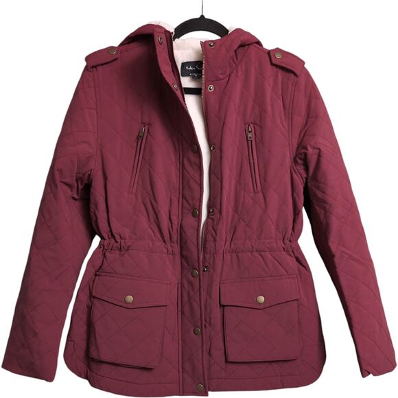 NWT Eden Society Burgundy Quilted Hooded Parka Jacket Drawstring Size S - Picture 4 of 12